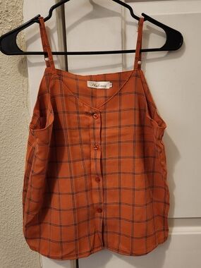 Orange Plaid Button-Front Spaghetti Strap Top
